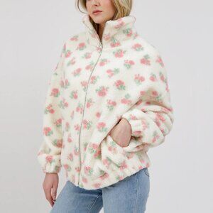 NEW Brunette the Label Full Zip Sherpa Jacket | White with Pink